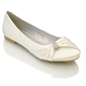 GABRIELA FLAT RUCHED DIAMANTE SPARKLY BROOCH CLASSIC WEDDING BRIDAL BALLERINA PUMPS IN WHITE SATIN